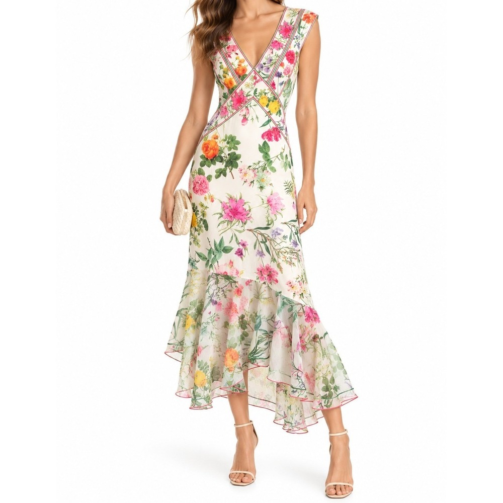 Tadashi Shoji Floral Midi Dress V Neck Ruffle Hem Wedding Guest Size 2
